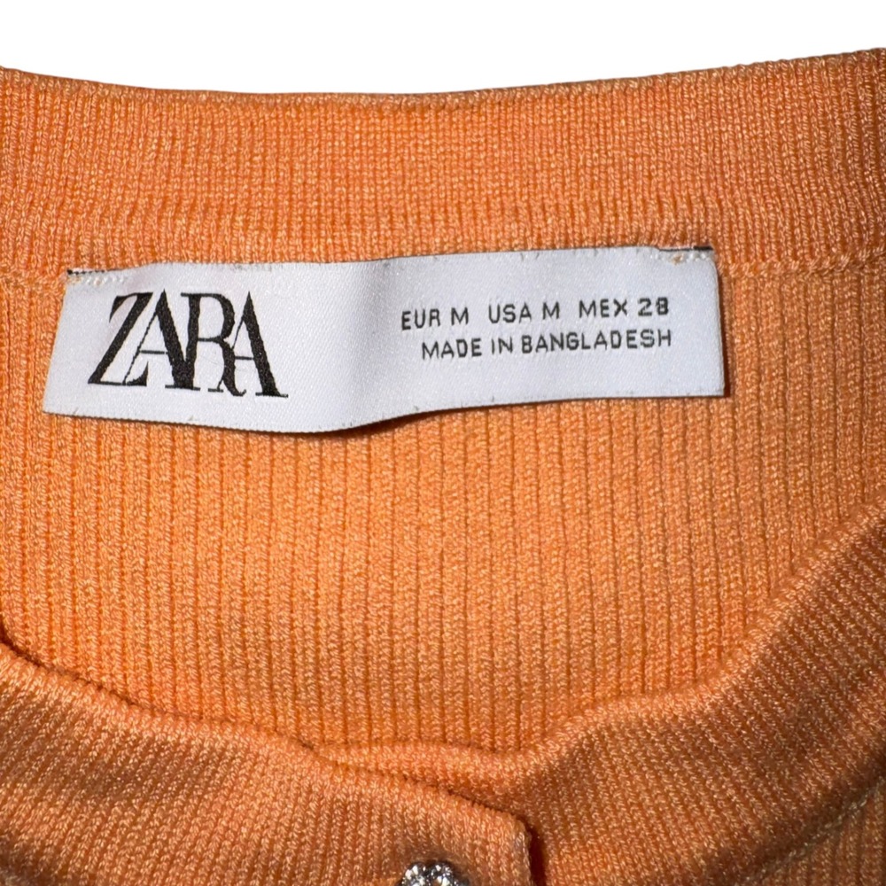ZARA Ribbed Cardigan Sweater‎ Women's M Orange Rhinestone Short Sleeve - Picture 5 of 10